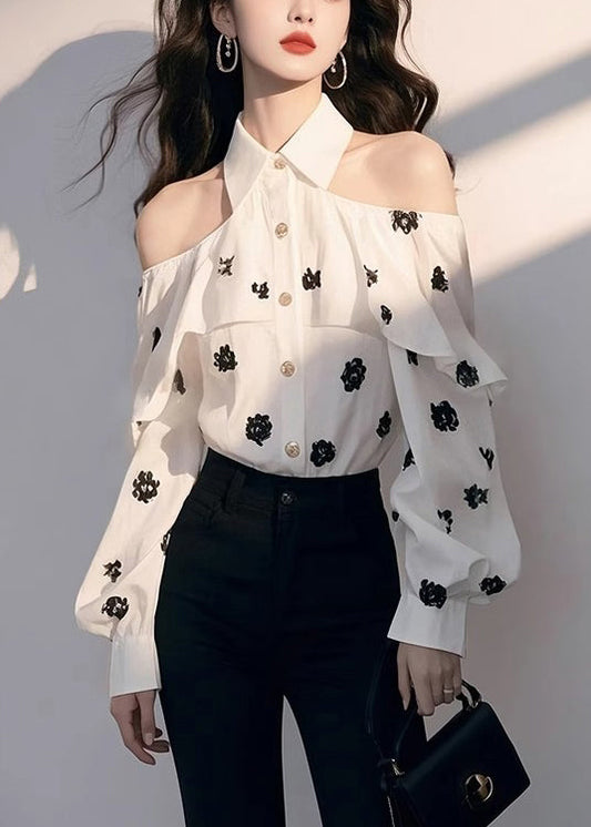 Print Shoulder Chiffon Chic Cold Fall Shirt White