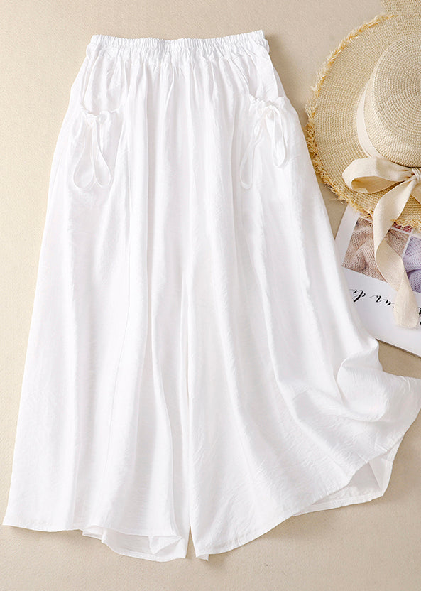 Pockets Leg Chic Cotton Pants Wide Waist Summer Elastic White