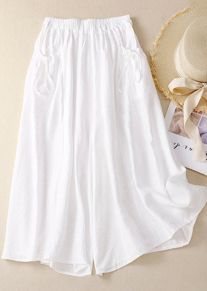 Pockets Leg Chic Cotton Pants Wide Waist Summer Elastic White