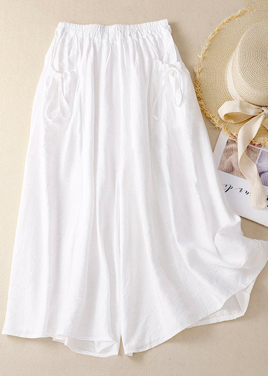 Pockets Leg Chic Cotton Pants Wide Waist Summer Elastic White