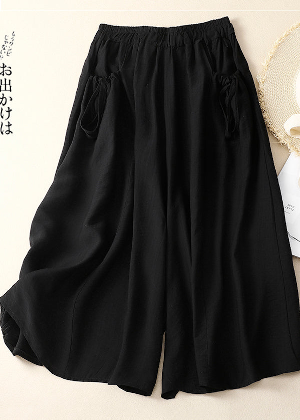 Pockets Leg Chic Cotton Pants Wide Waist Summer Elastic White