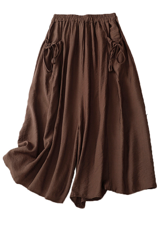 Pockets Leg Chic Cotton Pants Wide Waist Summer Elastic White