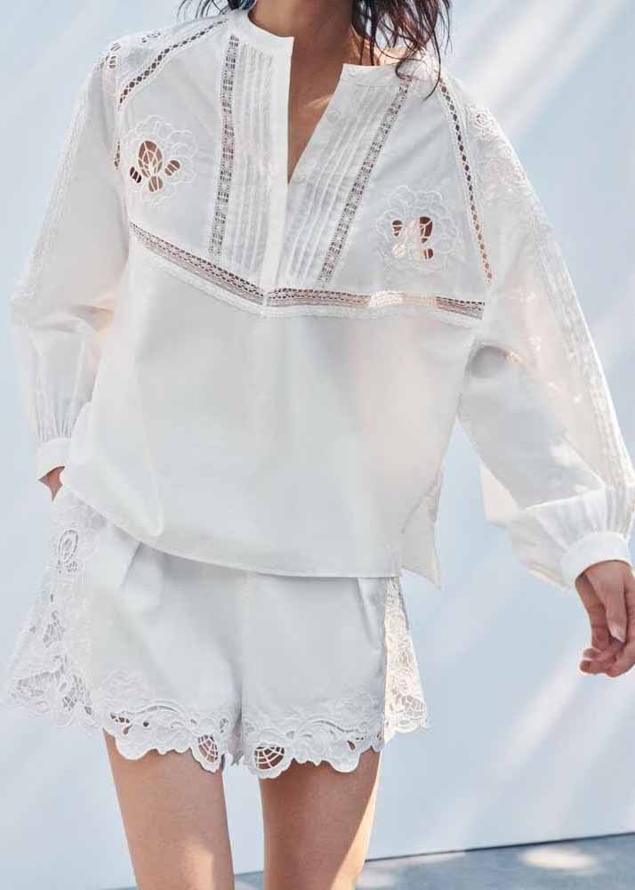Out Fall Cotton Embroidered Set Hollow White Two Chic Piece