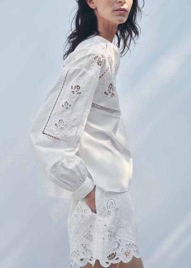 Out Fall Cotton Embroidered Set Hollow White Two Chic Piece