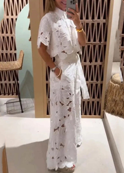 Two Chic Leg Hollow Shirts Out Set White Wide Pieces Pants And