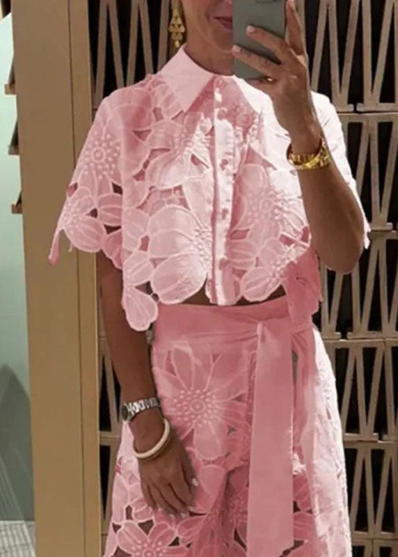 Two Chic Leg Hollow Shirts Out Set White Wide Pieces Pants And