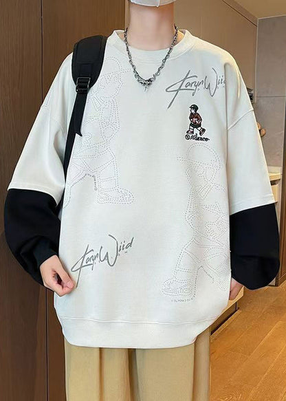 Print Mens Chic Spring Cotton Neck Sweatshirts Patchwork White O