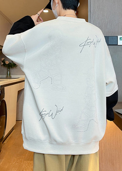 Print Mens Chic Spring Cotton Neck Sweatshirts Patchwork White O