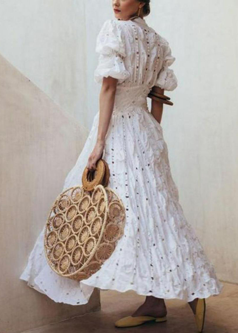 Chic White Puff Sleeve Exra Large Hem Cotton Holiday Dress Spring TL009