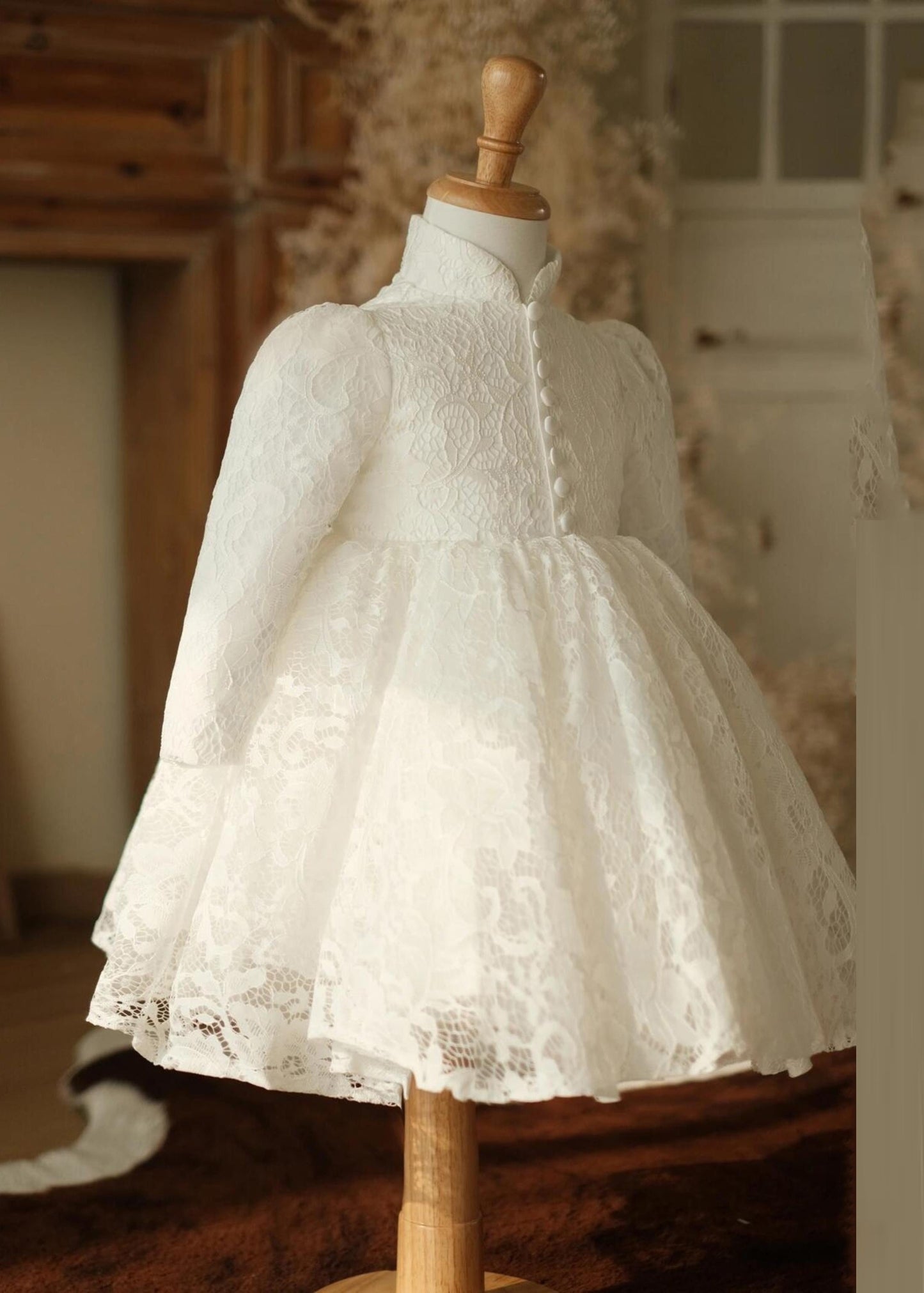 Chic White Stand Collar Button Lace Girls Maxi Dress Spring YS025