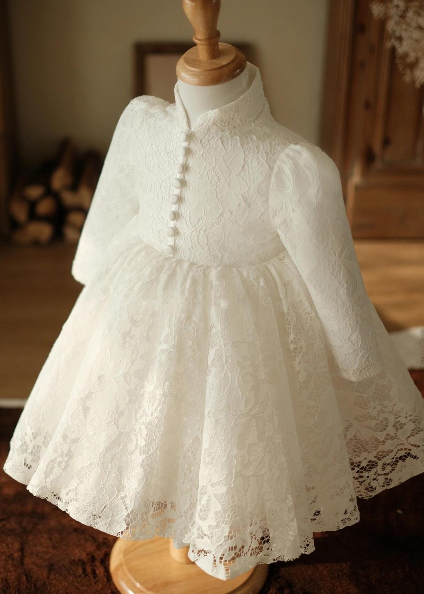 Chic White Stand Collar Button Lace Girls Maxi Dress Spring YS025