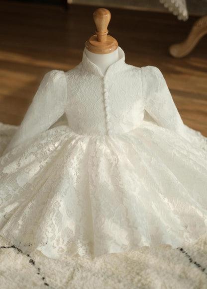 Chic White Stand Collar Button Lace Girls Maxi Dress Spring YS025