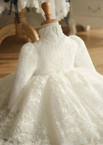 Chic White Stand Collar Button Lace Girls Maxi Dress Spring YS025