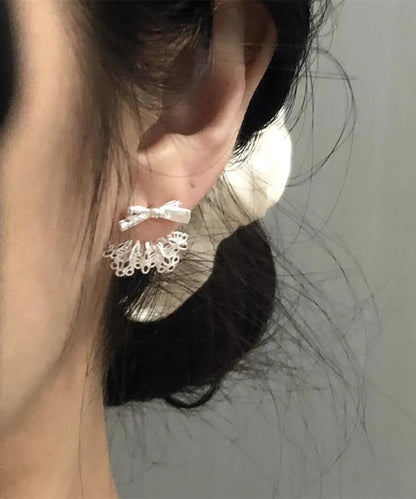 Silver Earrings White Lace Chic Sterling Alloy Stud Bow Patchwork