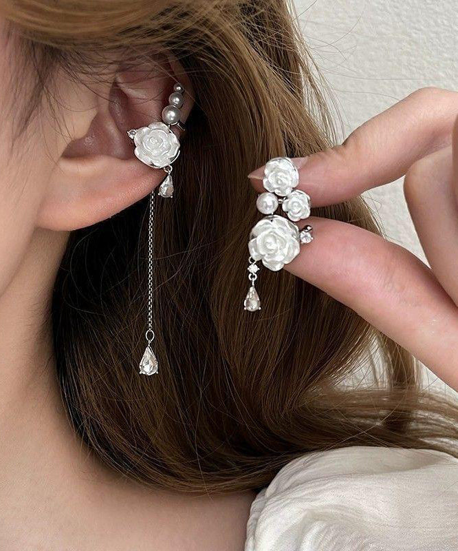 Drop Tassel Chic Earrings Rose Sterling Silver Asymmetrical White