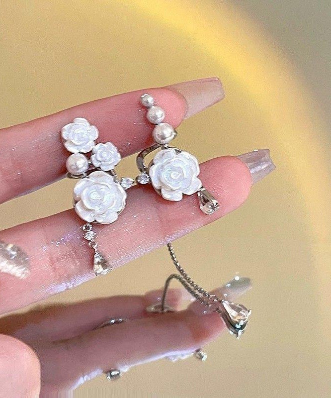 Drop Tassel Chic Earrings Rose Sterling Silver Asymmetrical White