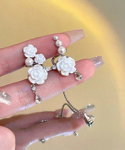 Drop Tassel Chic Earrings Rose Sterling Silver Asymmetrical White