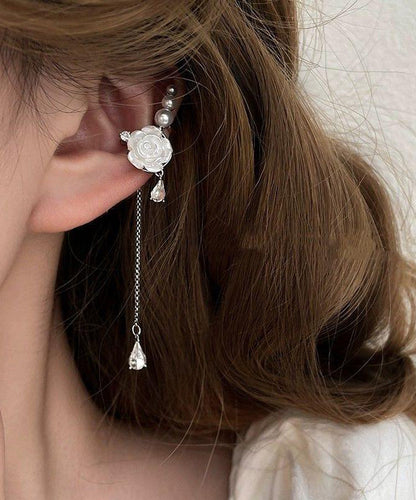 Drop Tassel Chic Earrings Rose Sterling Silver Asymmetrical White