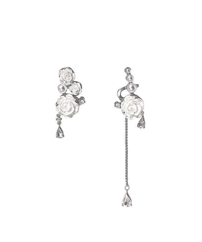 Drop Tassel Chic Earrings Rose Sterling Silver Asymmetrical White