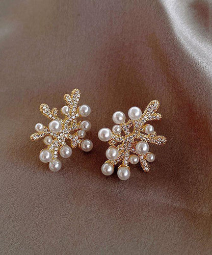 Chic White Sterling Silver Overgild Zircon Coral Pearl Stud Earrings GH1065