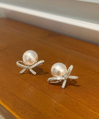 Chic White Sterling Silver Pearl Bow Stud Earrings QQ014