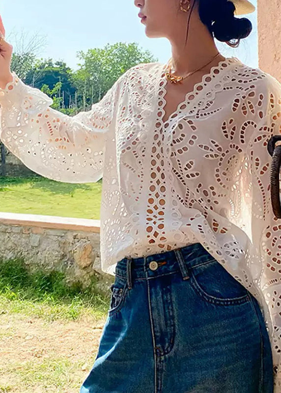 Hollow Out Embroidered Summer V Shirt Chic White Neck