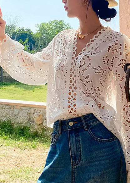 Hollow Out Embroidered Summer V Shirt Chic White Neck