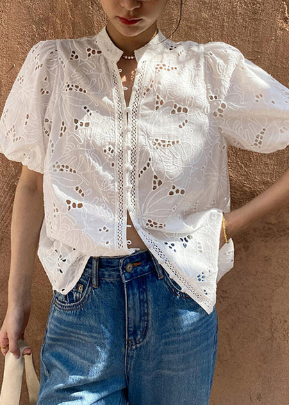 Hollow Out Embroidered Summer V Shirt Chic White Neck