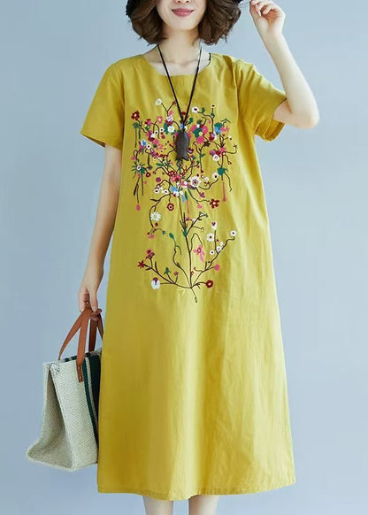 Yellow Linen Summer Embroidered Fine Chic Dress