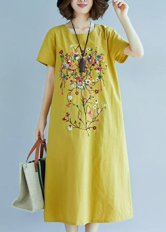 Yellow Linen Summer Embroidered Fine Chic Dress