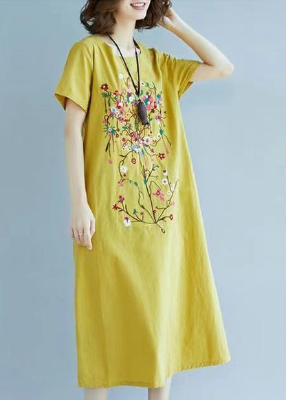 Yellow Linen Summer Embroidered Fine Chic Dress