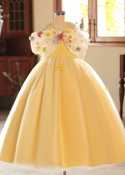 Chic Yellow O-Neck Floral Tulle Kids Long Dresses Summer YG004