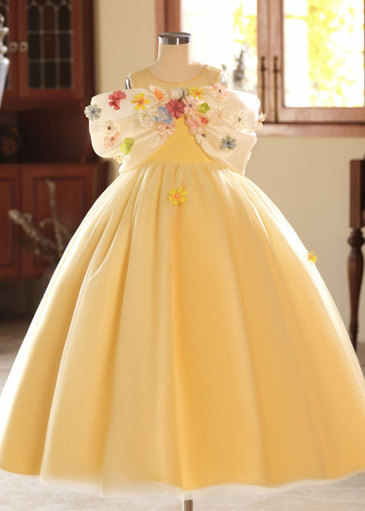 Chic Yellow O-Neck Floral Tulle Kids Long Dresses Summer YG004