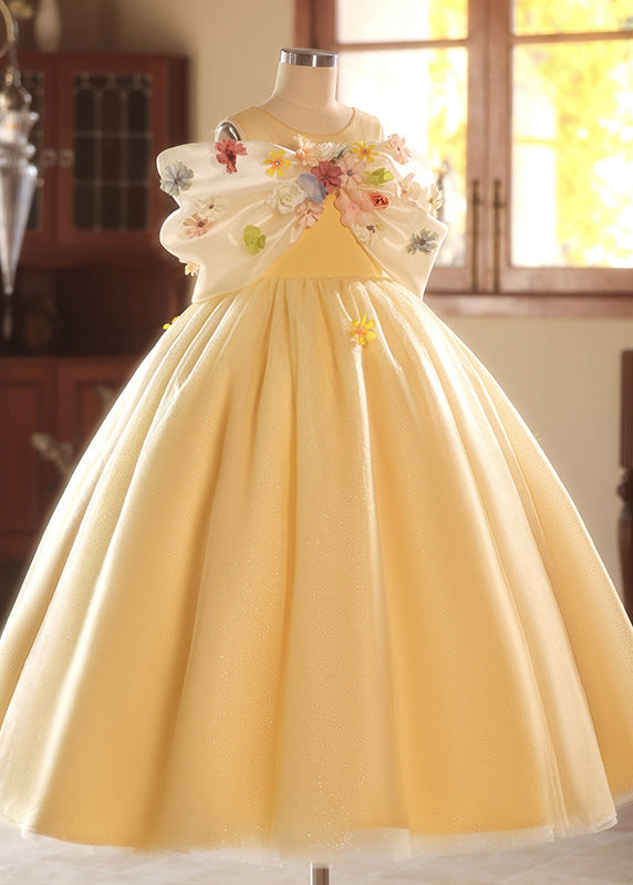 Chic Yellow O-Neck Floral Tulle Kids Long Dresses Summer YG004