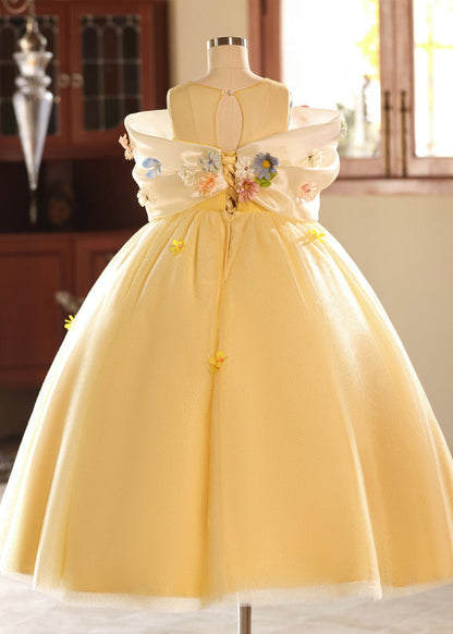 Chic Yellow O-Neck Floral Tulle Kids Long Dresses Summer YG004