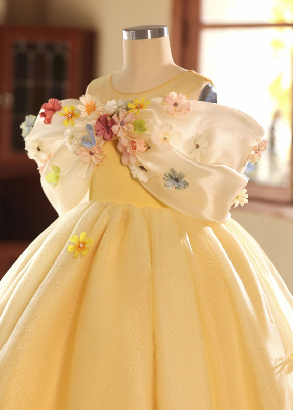 Chic Yellow O-Neck Floral Tulle Kids Long Dresses Summer YG004