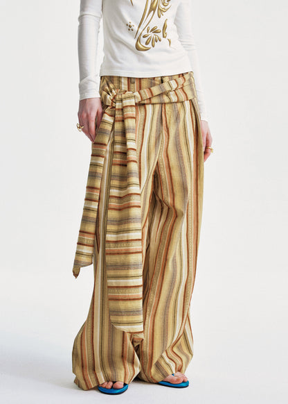 Yellow Cotton Summer Striped Pants Chic Leg Wide