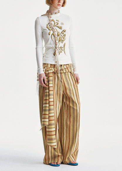 Yellow Cotton Summer Striped Pants Chic Leg Wide