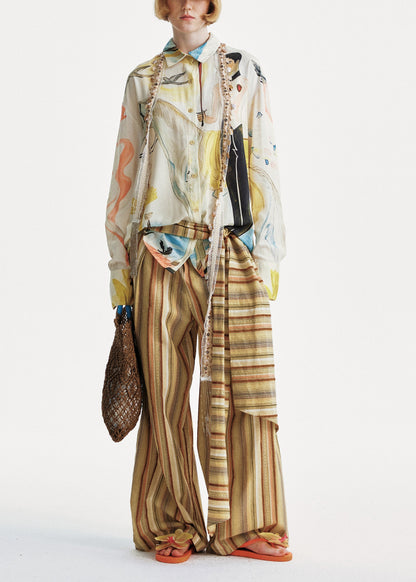 Yellow Cotton Summer Striped Pants Chic Leg Wide