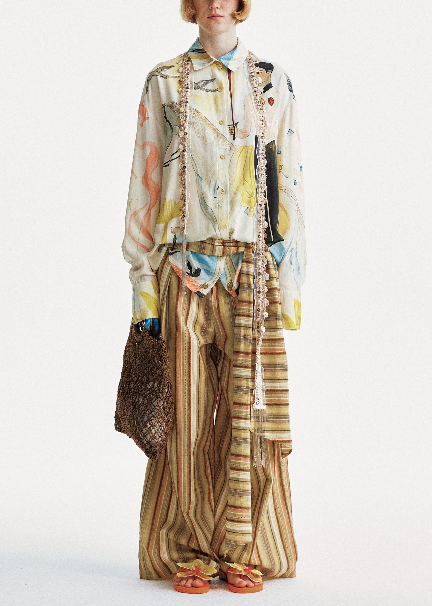 Yellow Cotton Summer Striped Pants Chic Leg Wide