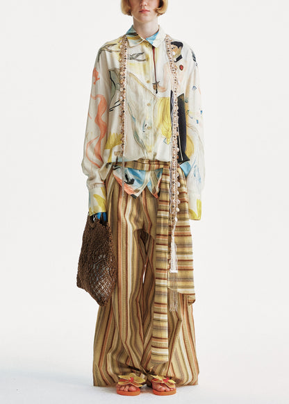 Yellow Cotton Summer Striped Pants Chic Leg Wide