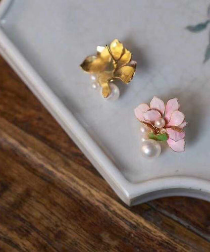 Pearl Sterling Pink Floral Styl Stud Overgild Silver Chinese