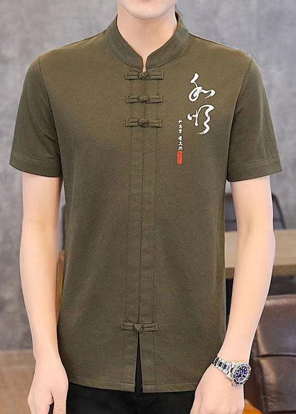 Green Mens Army Shirt Collar Cotton Chinese Stand T Style Print