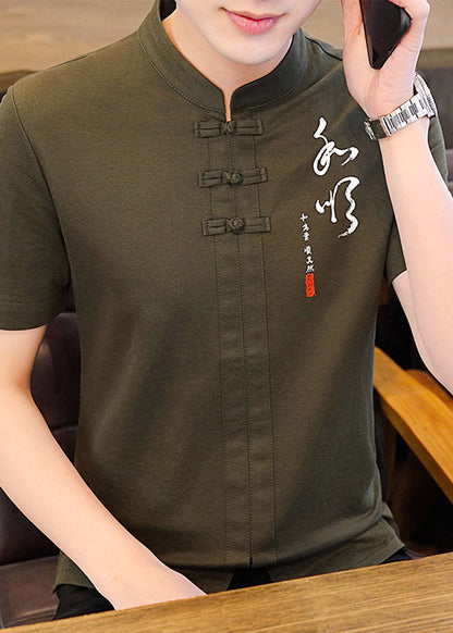 Green Mens Army Shirt Collar Cotton Chinese Stand T Style Print