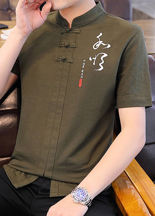 Green Mens Army Shirt Collar Cotton Chinese Stand T Style Print