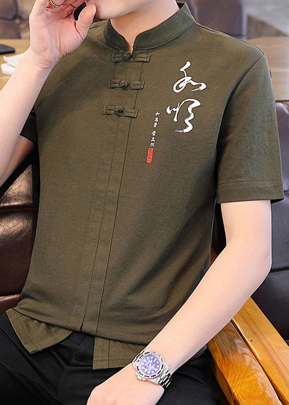 Green Mens Army Shirt Collar Cotton Chinese Stand T Style Print