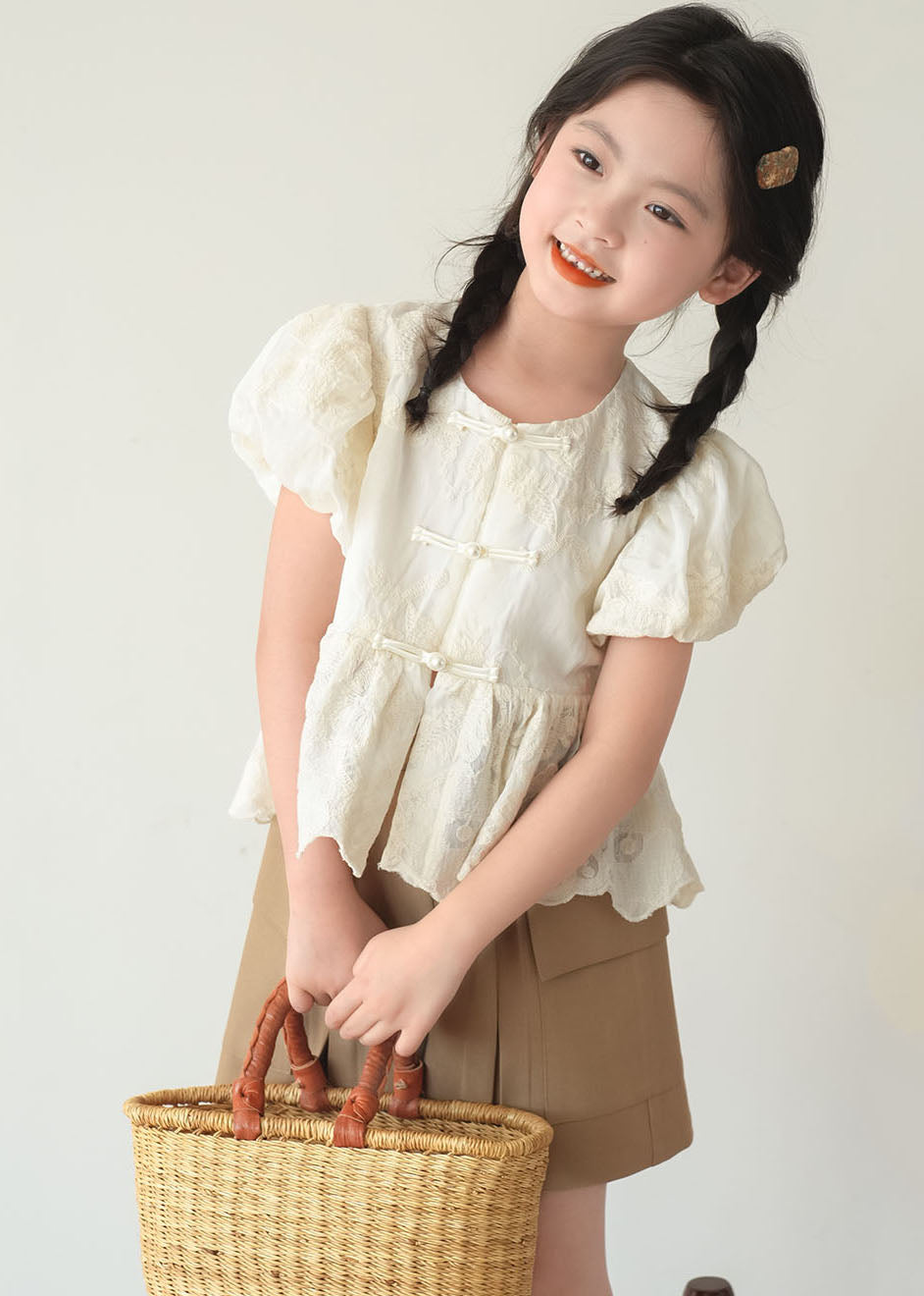 Chinese Style Beige O-Neck Patchwork Button Kids Shirt Short Sleeve SS1004