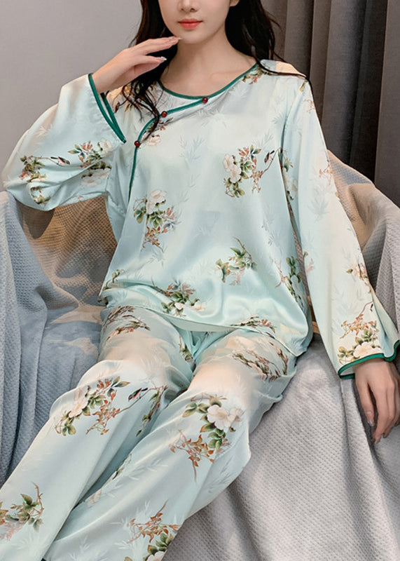 Chinese Style Beige O-Neck Print Patchwork Ice Silk Two Pieces Set Long Sleeve XS1014