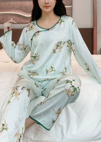 Chinese Style Beige O-Neck Print Patchwork Ice Silk Two Pieces Set Long Sleeve XS1014