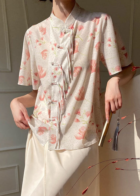 Chinese Style Beige Stand Collar Print Silk Shirt Summer WW013